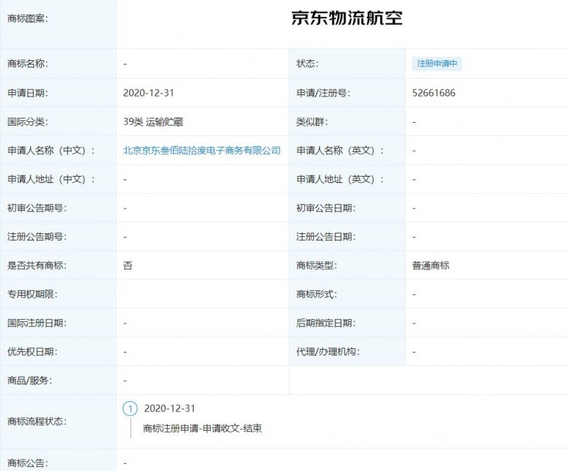 京东联属公司申请“京东航空”，“京东物流航空”商标